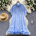 European and american style women's summer dress - unique design, loose fit, slimming, short sleeve, single-breasted, ruffle hem shirt dress