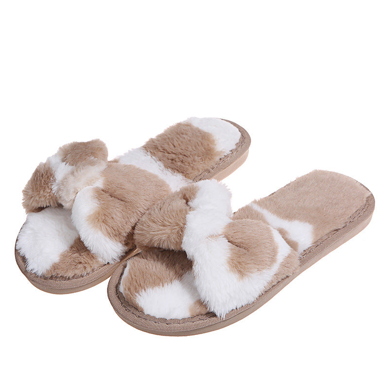 New cow print plush slippers for women - amazon cross-border casual bowknot fuzzy slippers - wholesale indoor slippers