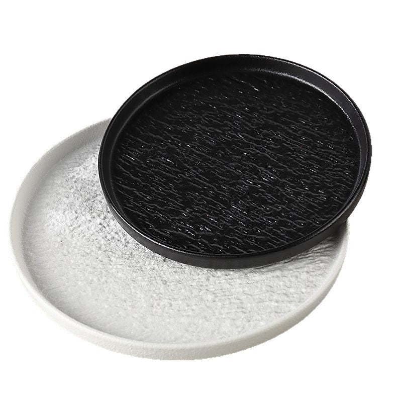 Japanese-style premium black and white ceramic dinnerware - high-end rock texture dinner plates for home use - round steak and chop dishes for restaurants