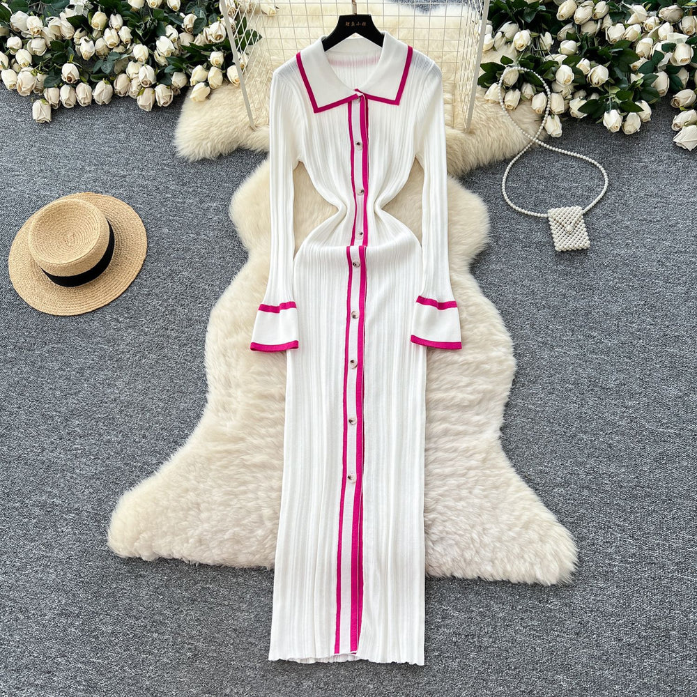 Classysense niche stylecontrast colorpolo collar bell sleeves single breasted silmslimming lookknittingdress women's bottom long skirt