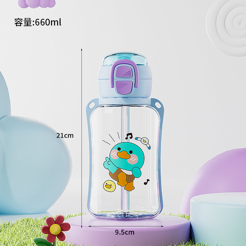 Fresh cartoon pop-top straw cup for home student kids convenient leak-proof strap carrying rope resistant to falling cute water cup