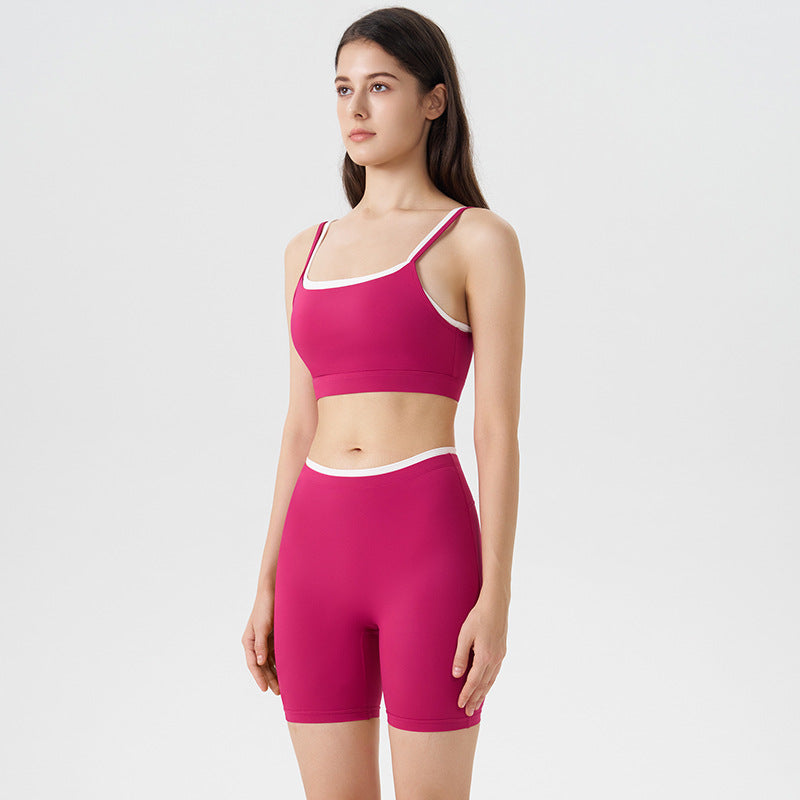 new arrivalfake two-piececontrast color white striped suspender running sports intimates bra three-quarter shorts yoga suit