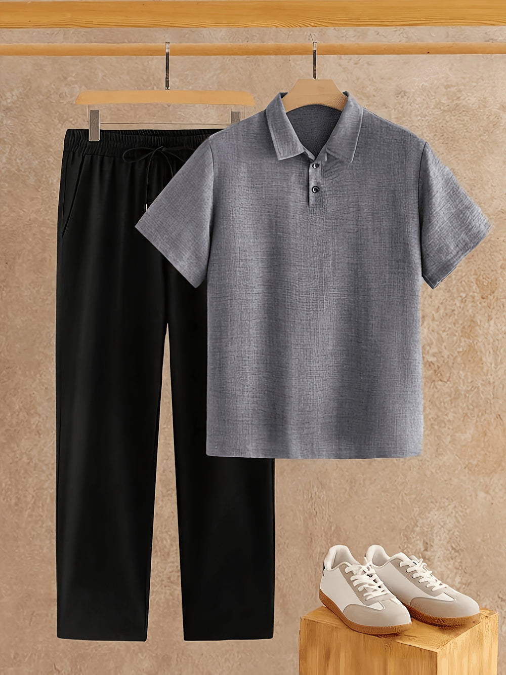 Men's summer linen-feel suit set: short-sleeve polo shirt + casual pants, versatile business two-piece outfit