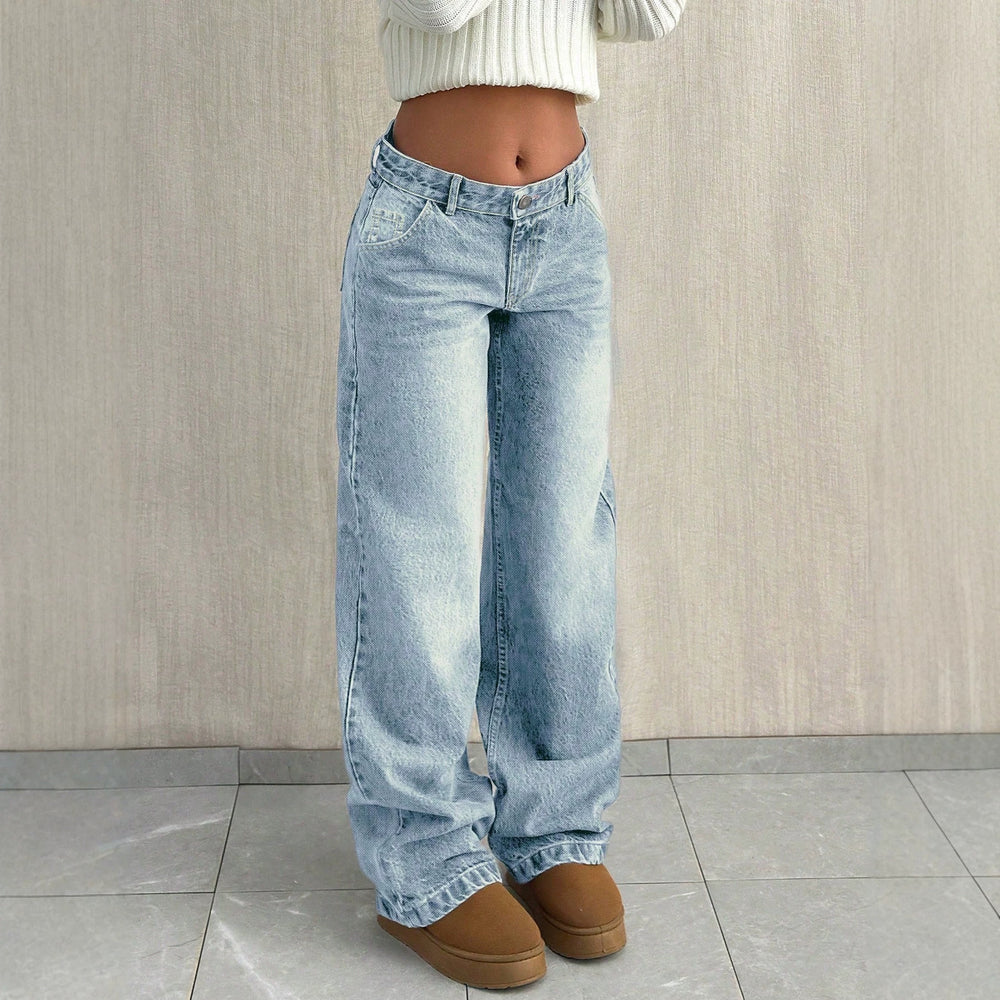 European and american style women's light blue high-waisted straight-leg jeans - vintage washed, basic, casual, long, and floor-sweeping denim pants