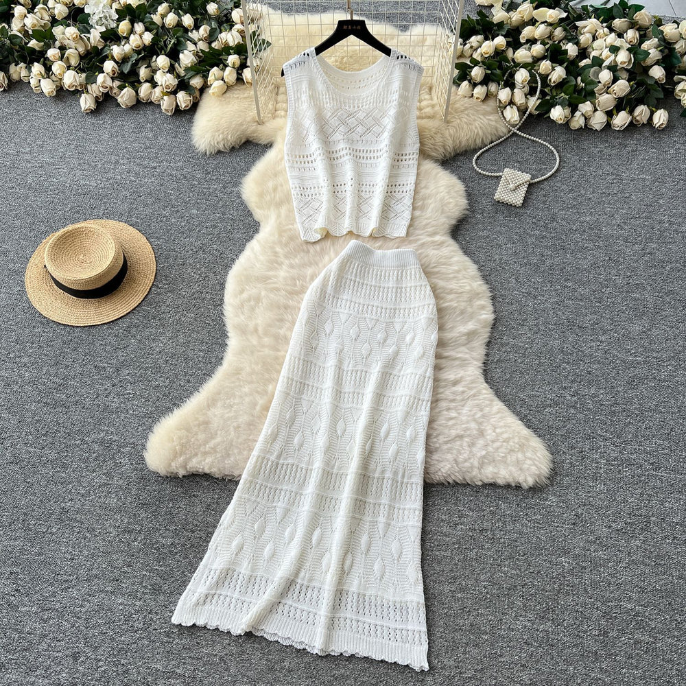 Korean sweet age reduction cut out crochet knittingtops women's high waist tight hip cover skirt summer clothes elegantsuit