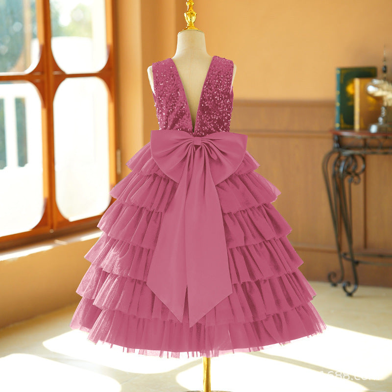 European and american cross-border custom girls' dresses, tutu skirts, little girl's cake skirts, performance costumes, deep v-back with 3d butterfly detail