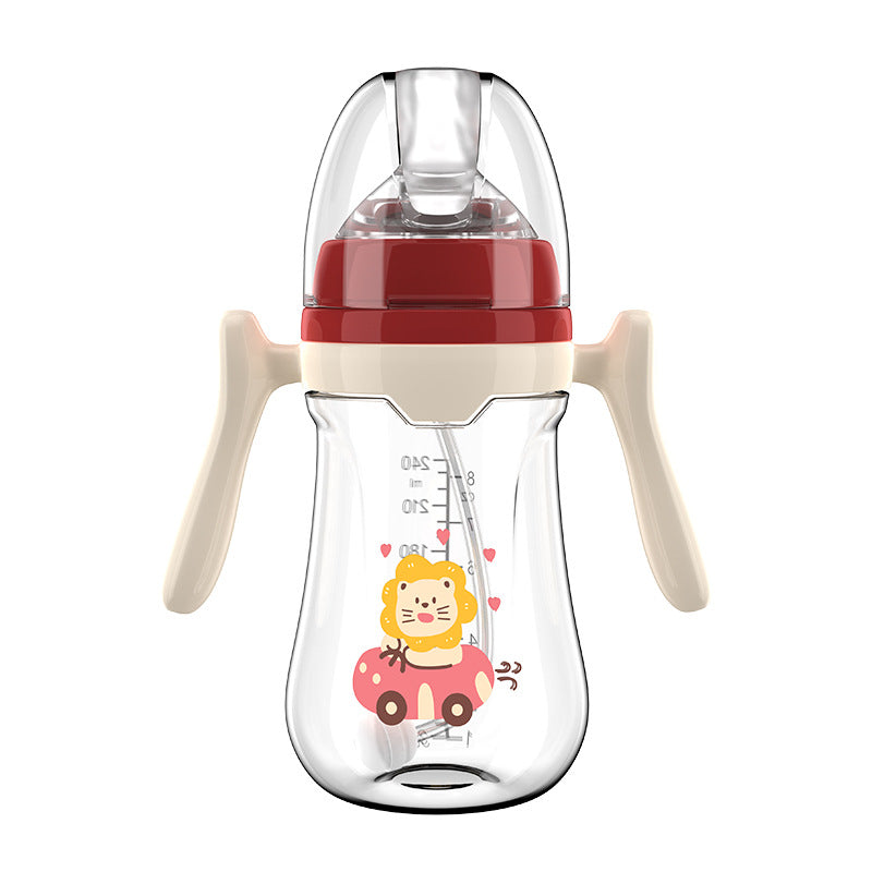 English boxed baby bottle anti-choking and anti-flatulence wide diameter bottle with handle and straw PP bottle wholesale