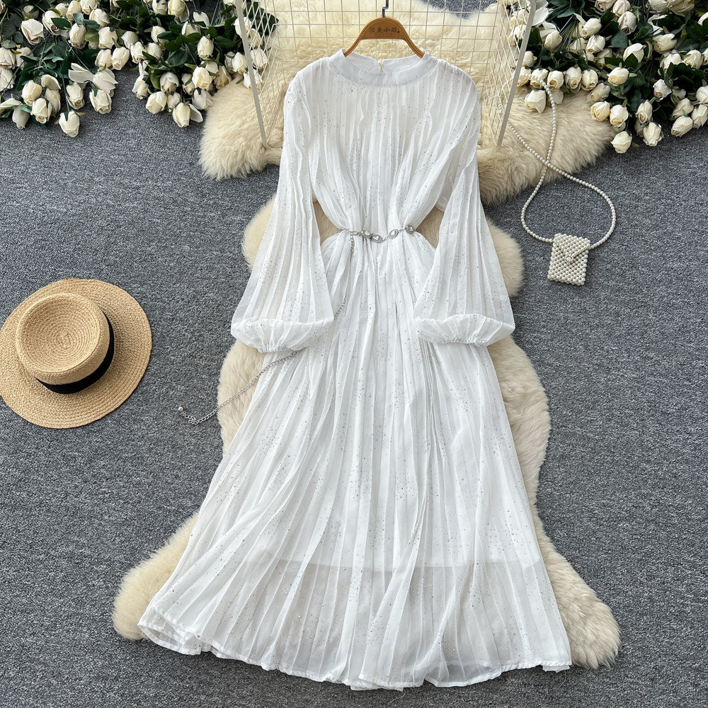 French style pleated bodycon dress - women's spring long sleeve a-line dress - cinched waist, elegant and gentle long dress