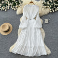 French style pleated bodycon dress - women's spring long sleeve a-line dress - cinched waist, elegant and gentle long dress