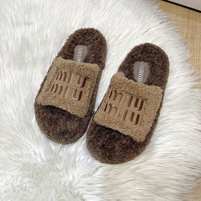 Thick sole fur slippers 2024fall and winternew arrivalfashioneasiest for match one-line slippers high-looking cashmerecasualpopular
