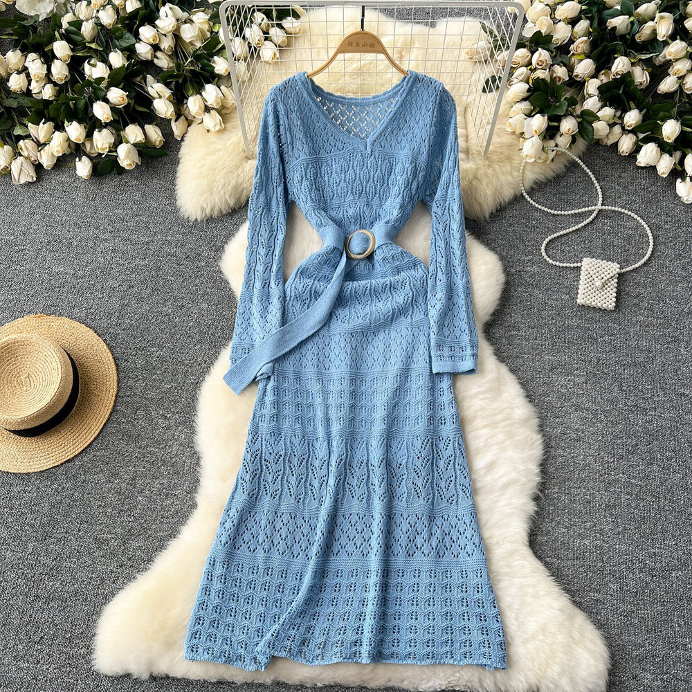 Order korean style gentle style cut out crochet knittingdress women's waist strap over the knee suspender bottom skirt suit