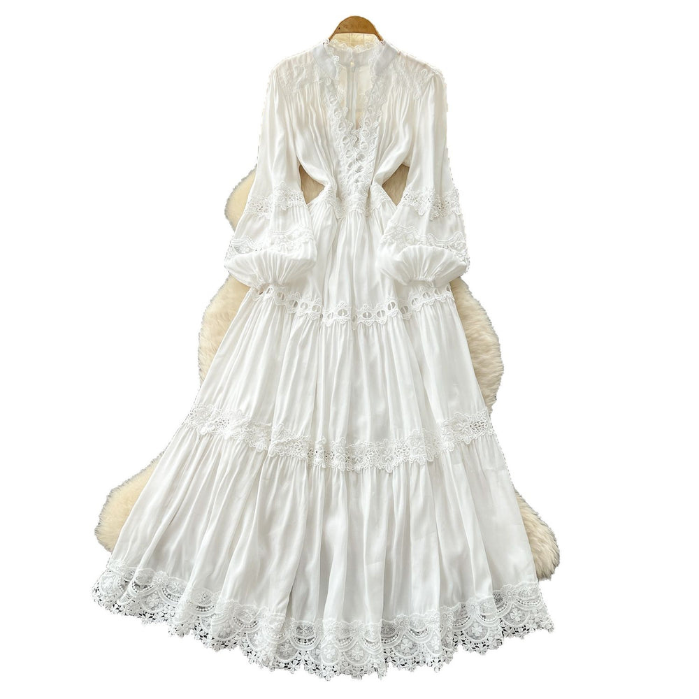 Vintage court style puff sleeve dress - women's autumn hollow-out crochet crossover neck design - exquisite elegant maxi dress