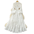Vintage court style puff sleeve dress - women's autumn hollow-out crochet crossover neck design - exquisite elegant maxi dress