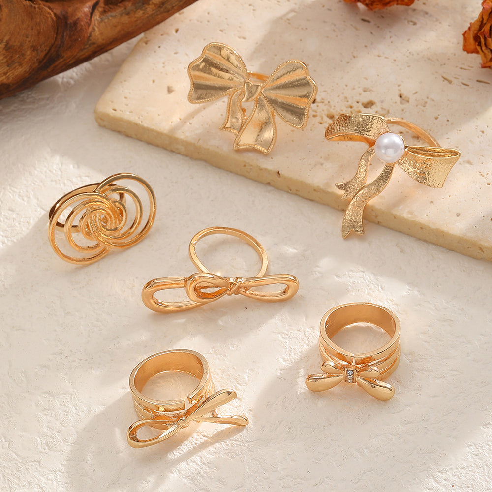 Wholesale 3d bow ring set - european & american cross-border, light luxury, niche design, geometric hollow-out, stackable knuckle rings