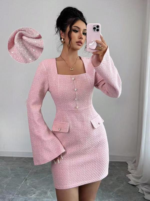 summer new arrival: black puff sleeve square neck tweed fitted waist vintage dress