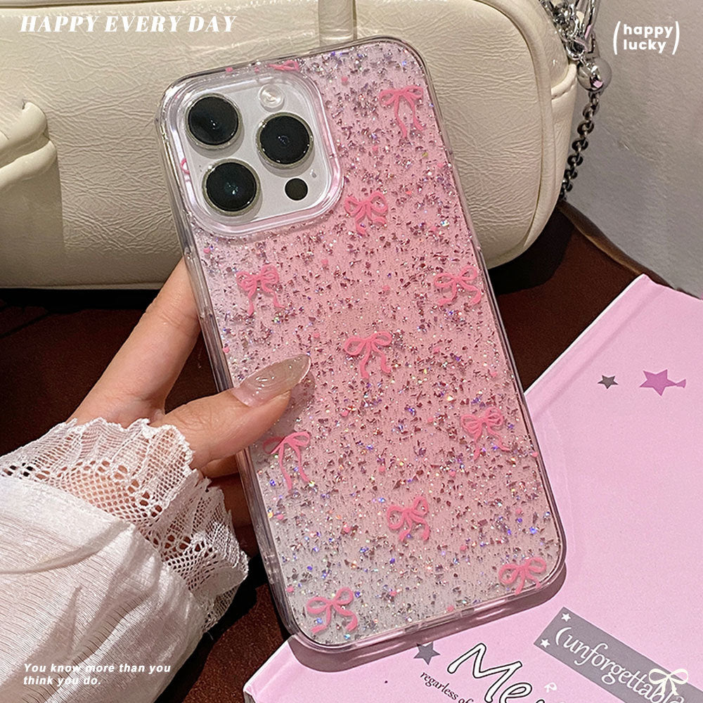 Center pink bow glue glitter suitable for iphone17promax mobile phone case apple 16 anti-fall protective cover