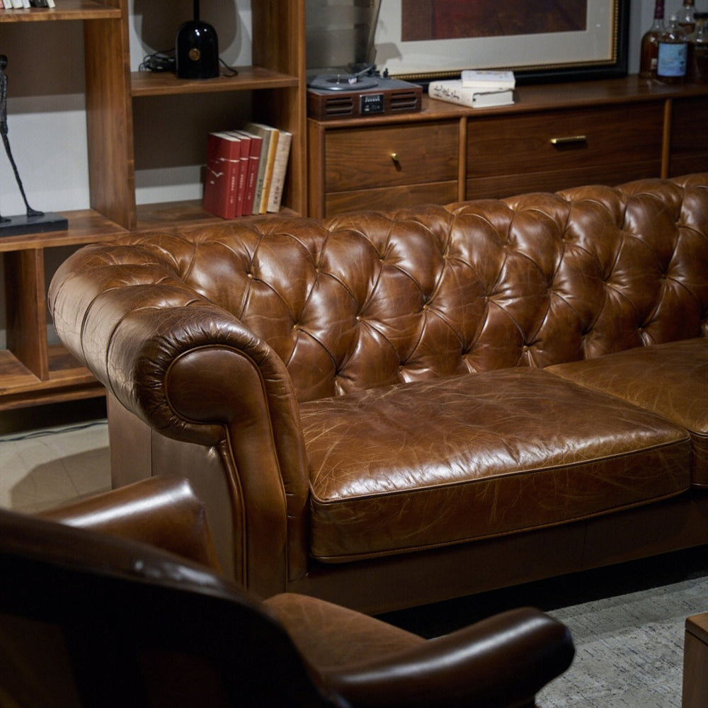 American classic retro genuine leather sofa - perfect for living rooms, small to large apartments, cigar rooms, private wine cellars, wineries, and mid-century modern styles