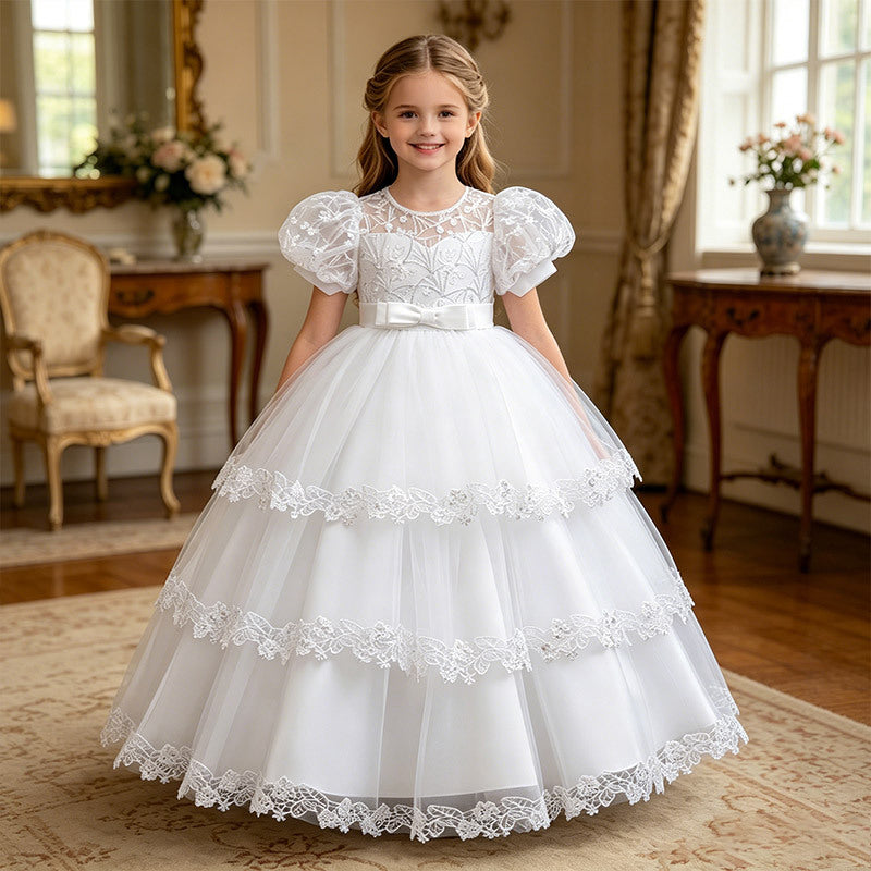 new arrival children's dress princess dress girl long dress short sleeve mesh tutu skirt lace costume in stock