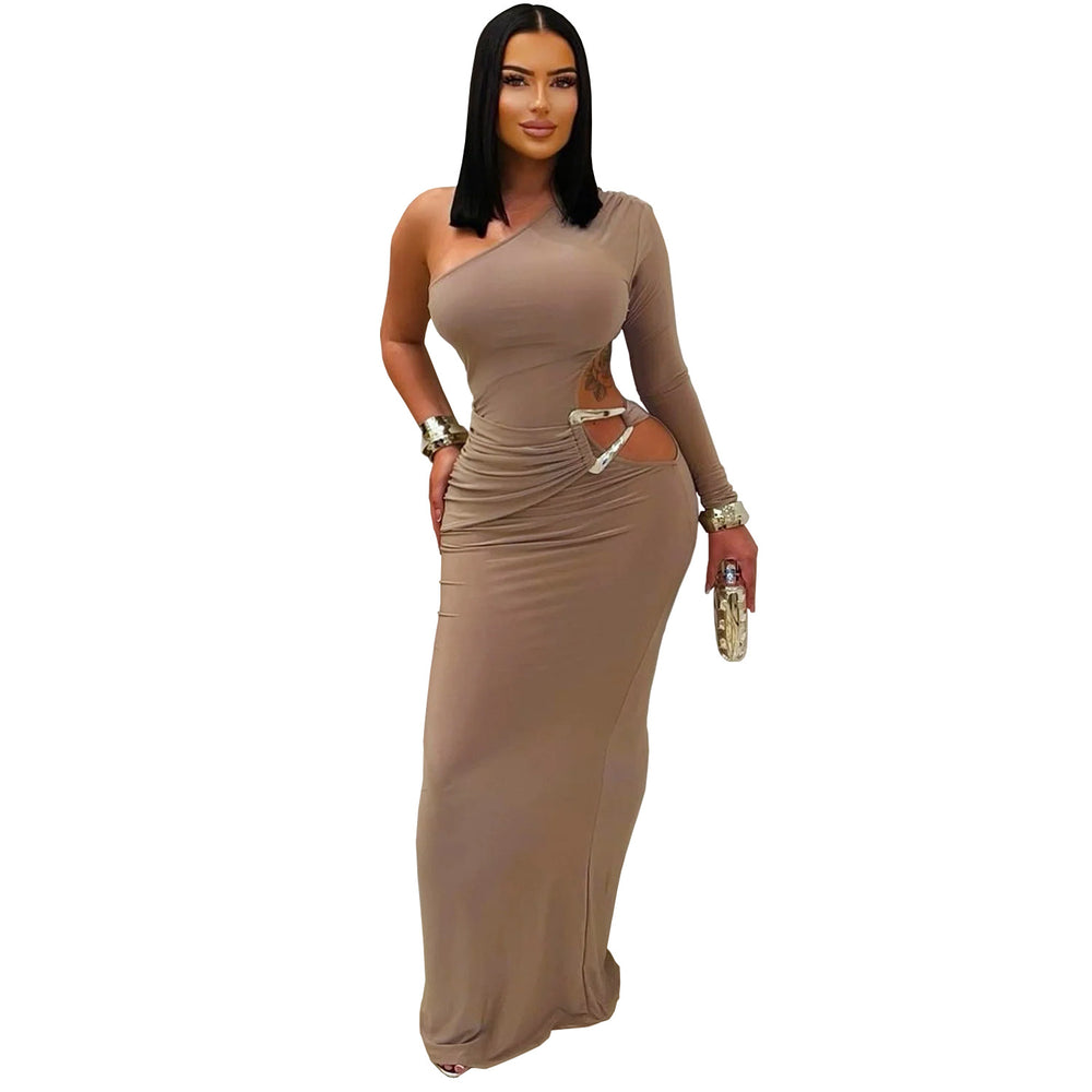 C7543 cross-border   fashion women's sexy one-shoulder sleeveless bodycon solid color dress