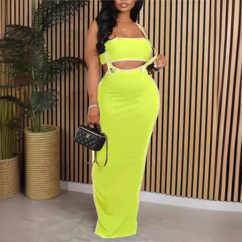 Sexy tube top and suspender hollow long dress set European and American  new fashion belly slim suit