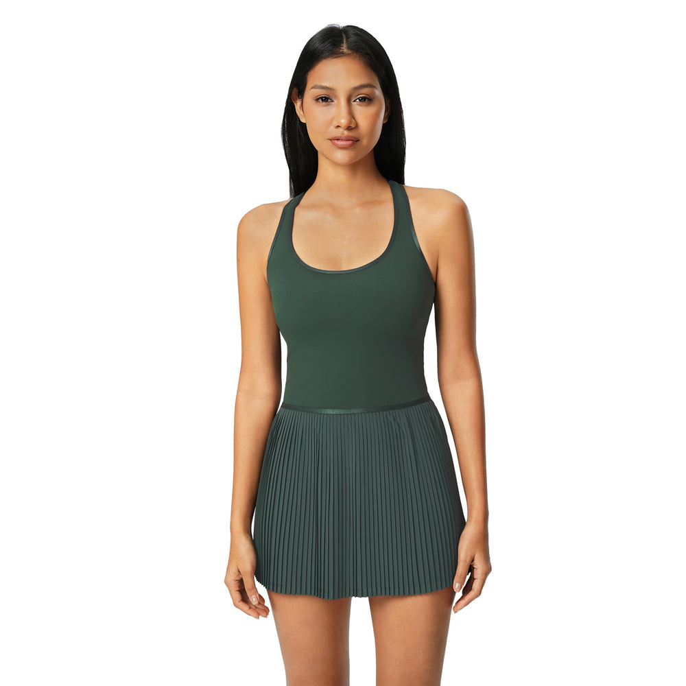 New women's backless sports dress with built-in bra pads, yoga tank dress, cool & breathable tennis pleated skirt d25028