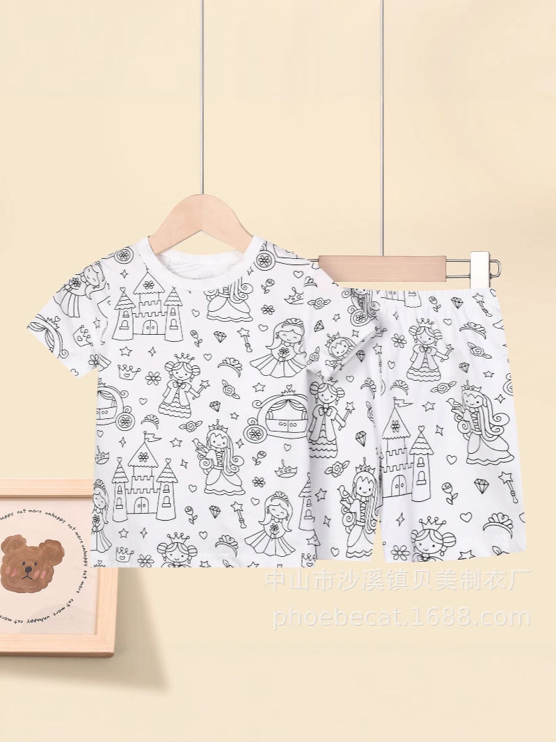 Cartoon european and american cross-border exclusive children's home clothes pajamas suit sketch comfortable breathable diy hand-painted graffiti