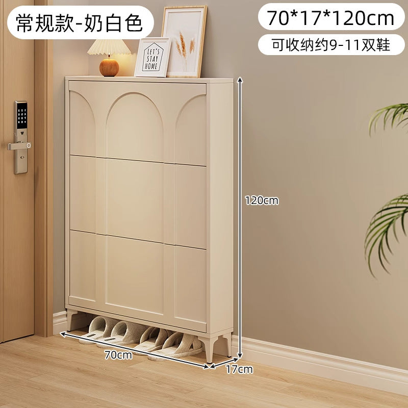 Ultra-thin tipping shoe cabinet cream style for home door small narrow entrance door shoe cabinet space-saving entrance cabinet all-in-one shoe rack