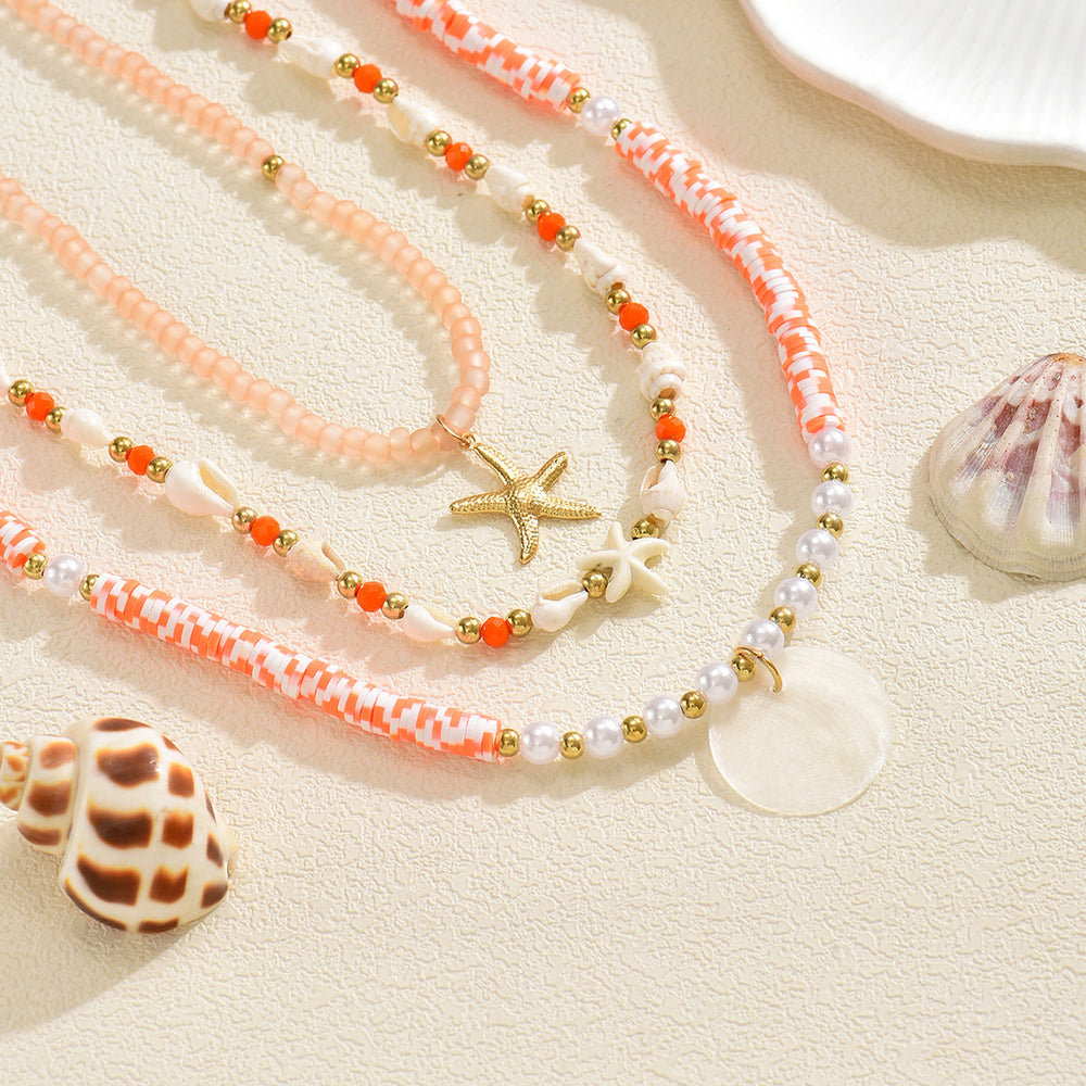 Bohemian beaded necklace wholesale european and american cross-border starfish pendant women's colorful soft clay shell stacked clavicle chain