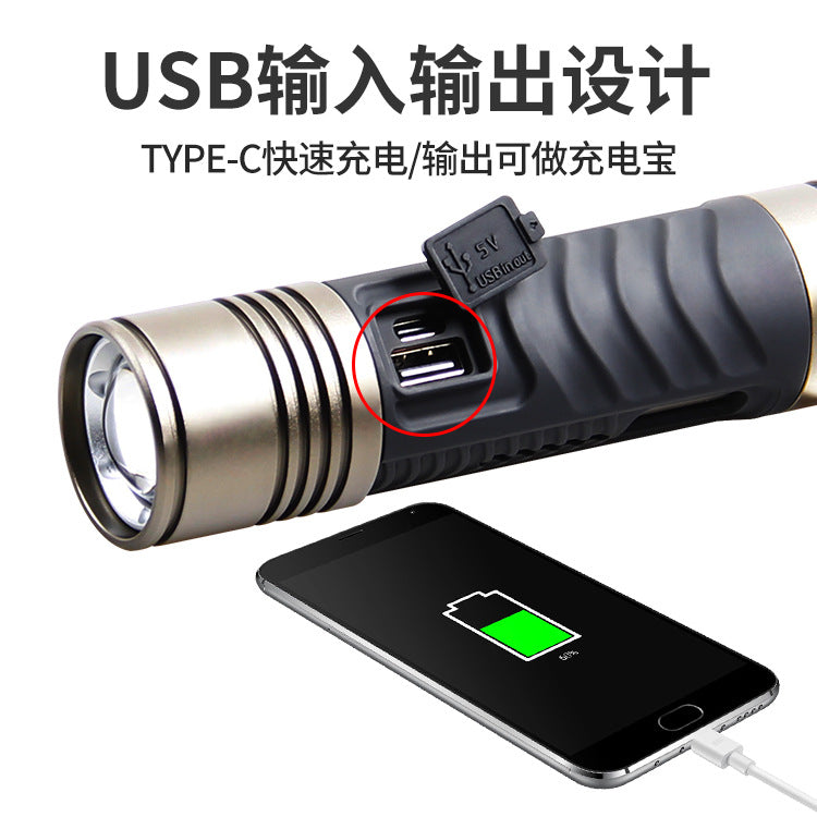 Cross-border new stepless strong light XHP360 electric display Type-C USB charging optical zoom outdoor flashlight