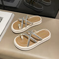 Best selling pearl rhinestone toe slippers women's summer outwear new thick sole wedge heel flip flops roman beach sandals