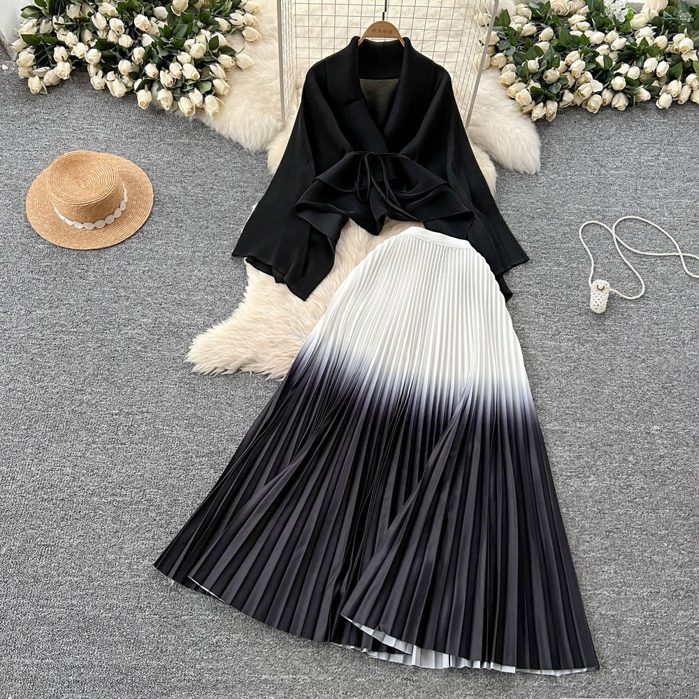 Miya pleated butterfly sleeve gradient tie back shawl short outweartops+gradient pleated skirt two-piece set