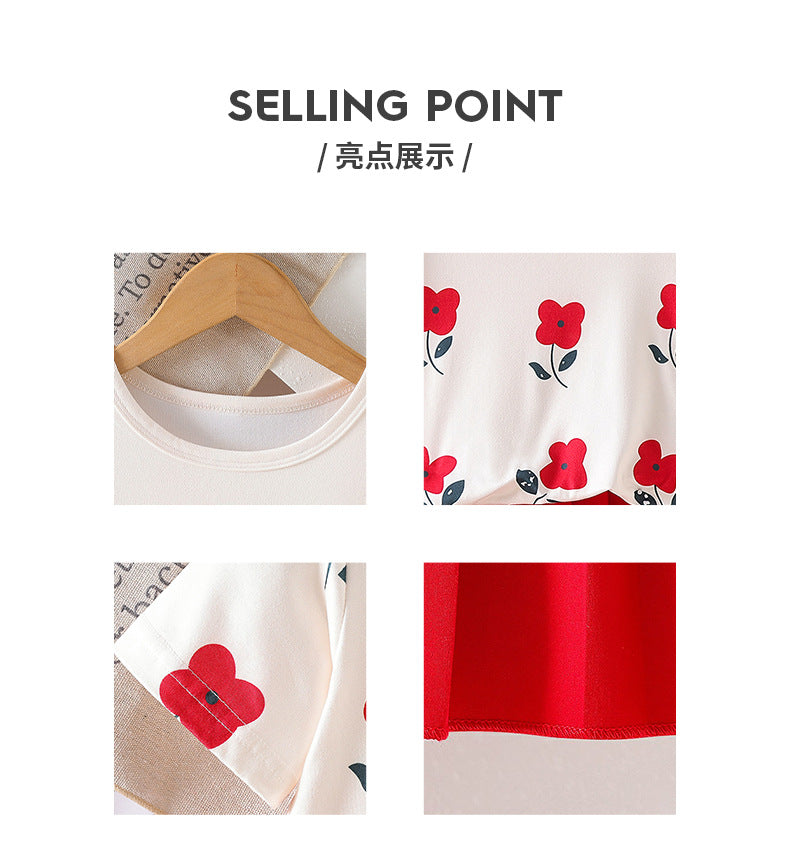 girls' short-sleeve outfit: summer floral print crewneck top and red pleated skirt two-piece set for kids