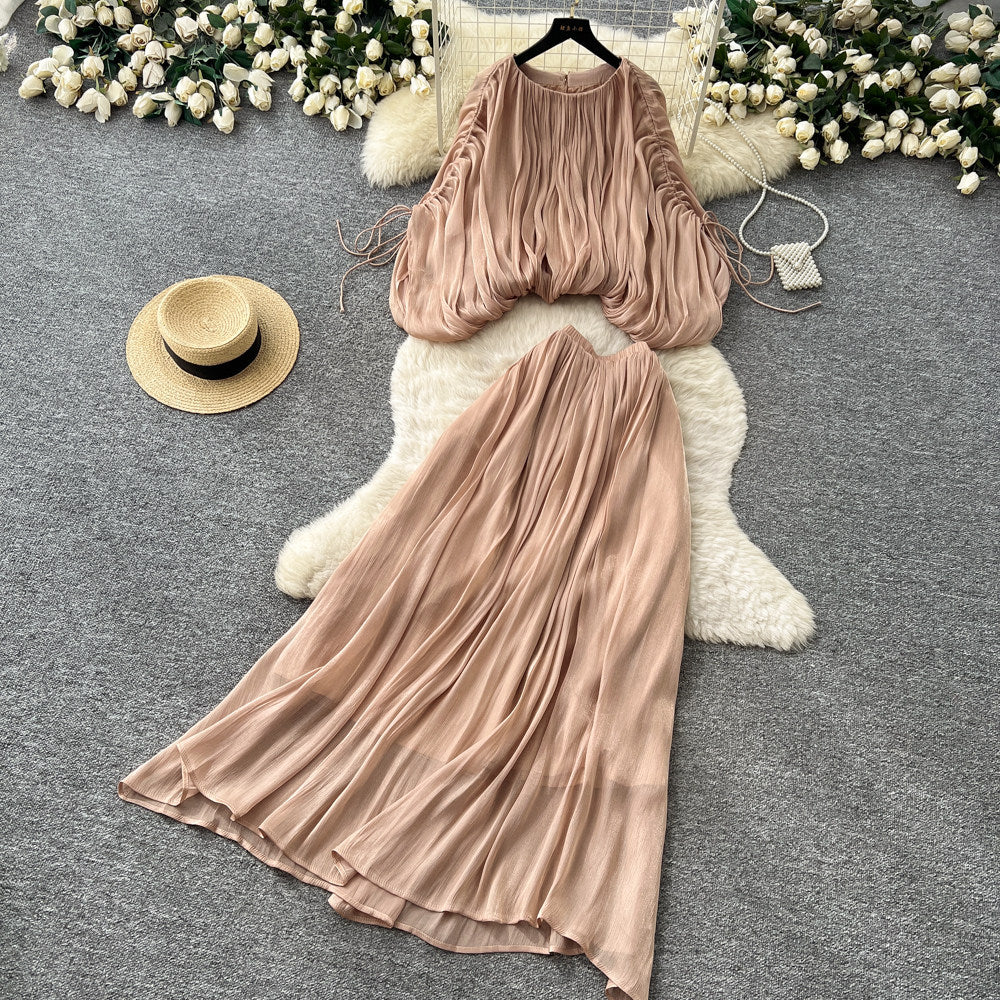 Vacation style pleated lantern sleeve shirt high waist skirt women's autumkorean style outfit pleatedeleganttwo-piece set