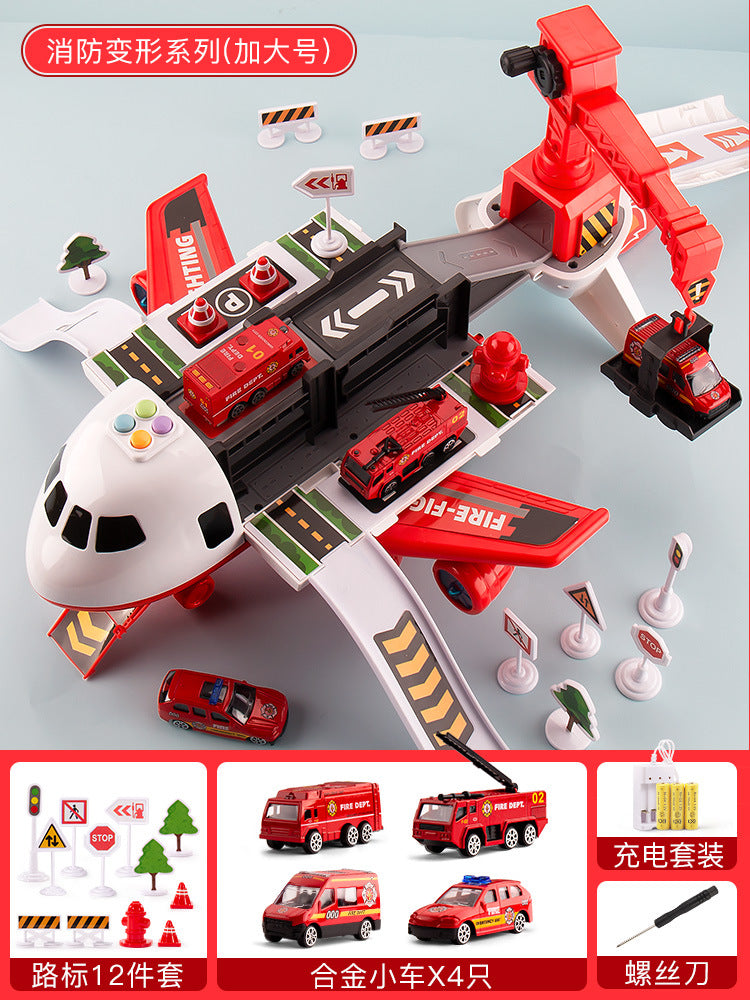 Transformed passenger aircraft kids scene toy multi-function ejection crane aircraft model inertia resistant to fall male voice light ejection