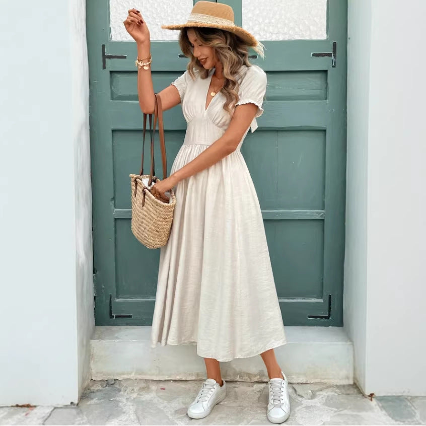 european and american spring/autumn new v-neck casual backless summer dress