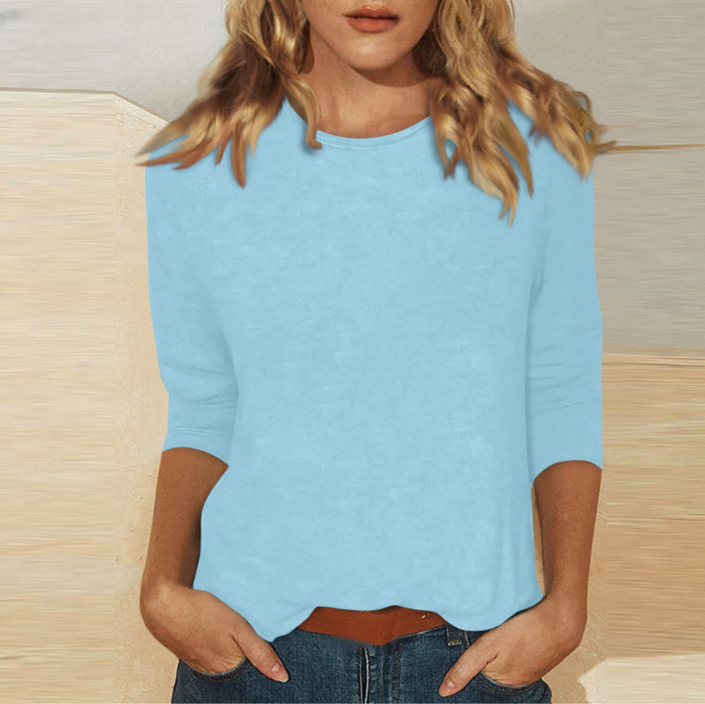 new women's crew neck t-shirt with 3/4 sleeves - solid color top for cross-border  sales