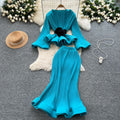 Feminine outfit with sense of design, western style, strappy waist, flared sleeves, pleated tops, high waist, hip-covering fishtail skirt