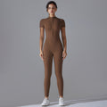 New solid color zip-up compression high-stretch short sleeve bodysuit activewear - workout, fitness, running, cropped leggings, yoga outfit