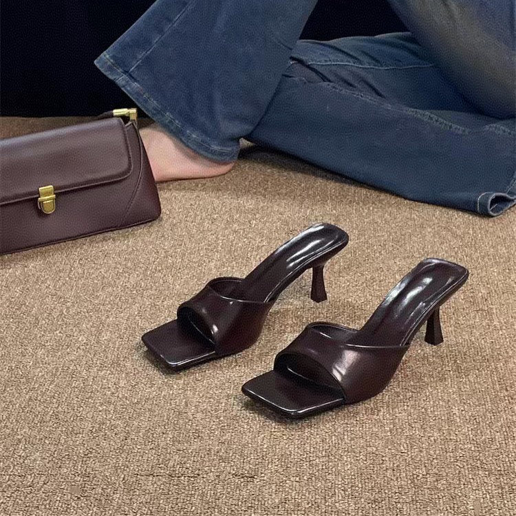 Thin heel pure color sandals summerretro square toe high heels women's new arrivalniche stylesense of design slippers outwear not tired feet