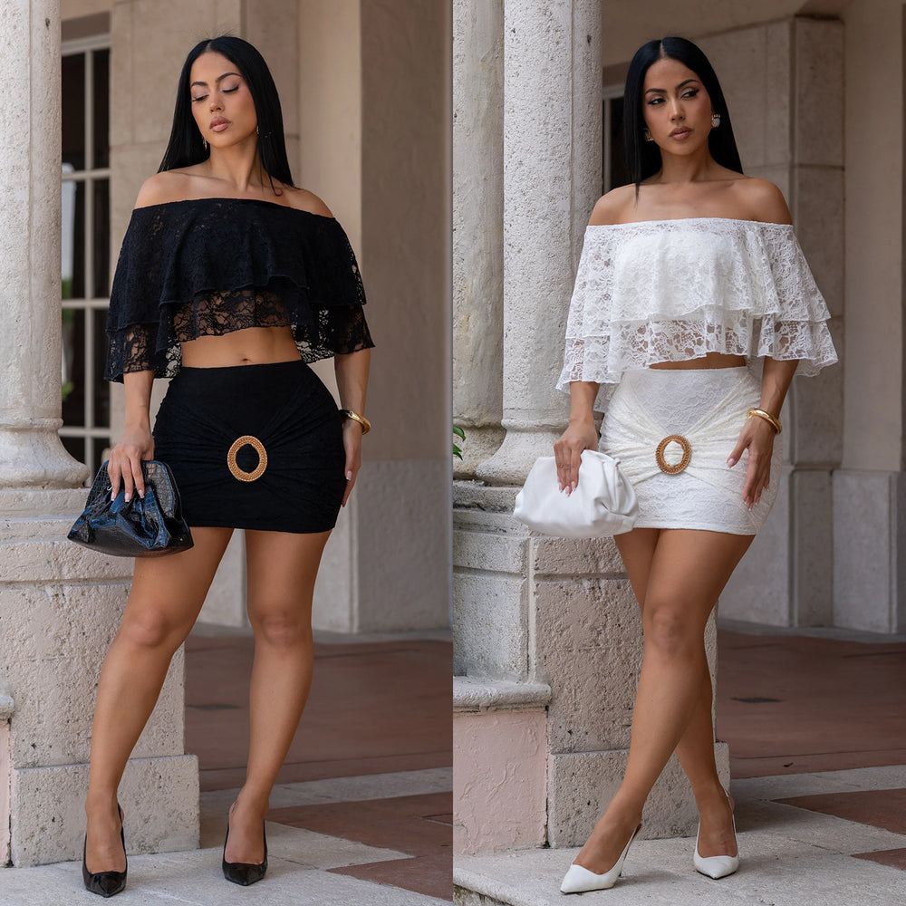 C7701 cross-border    new women's sexy lace bandeau crop top mini skirt set