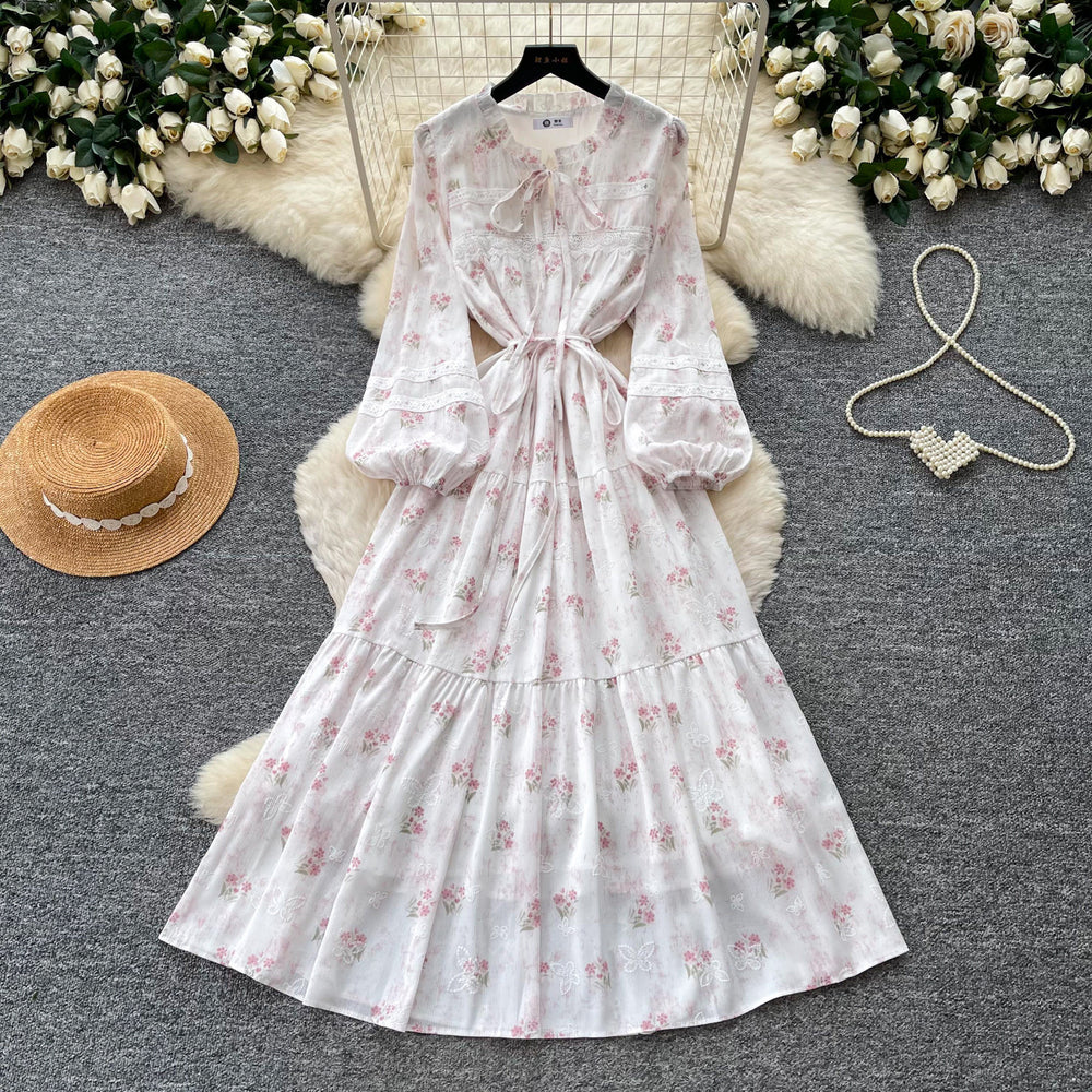 French chic lantern sleeve printed dress - women's summer korean style, slimming tie-waist, ethereal fairy dress