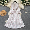 French chic lantern sleeve printed dress - women's summer korean style, slimming tie-waist, ethereal fairy dress