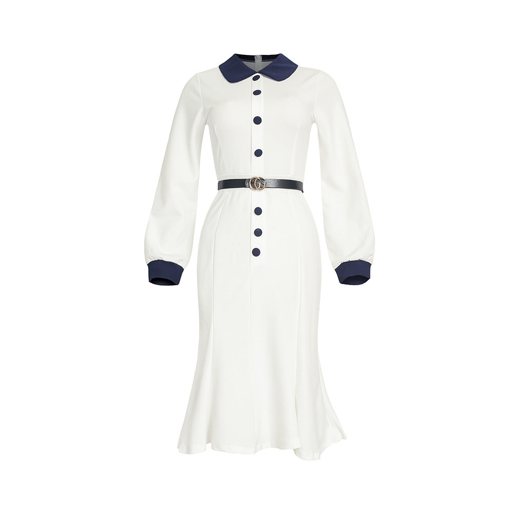 Kayaat cross-border african plus size women's clothing long sleeve slimming look high socialite doll collar dress with belt