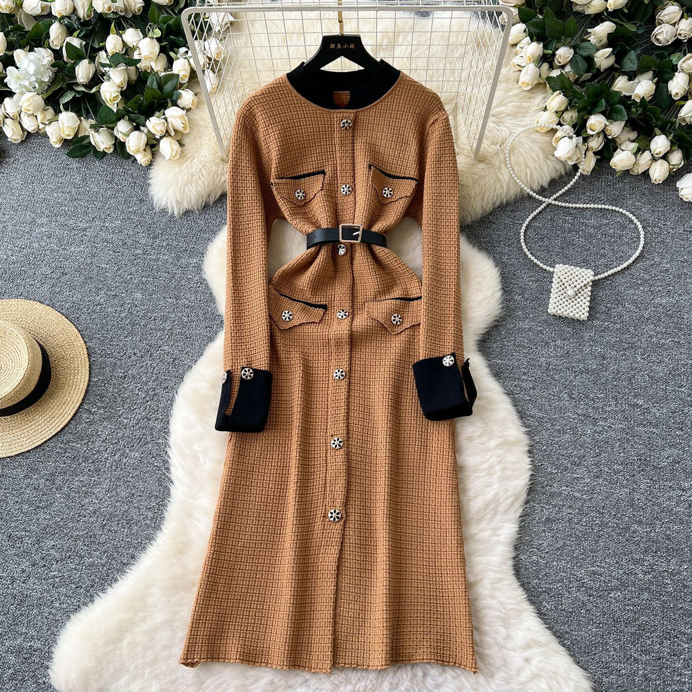 Fall and winter tweed stylelong sleeveselegantdress socialiteelegance metal button decoration waist slit knitting long skirt
