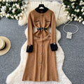Fall and winter tweed stylelong sleeveselegantdress socialiteelegance metal button decoration waist slit knitting long skirt