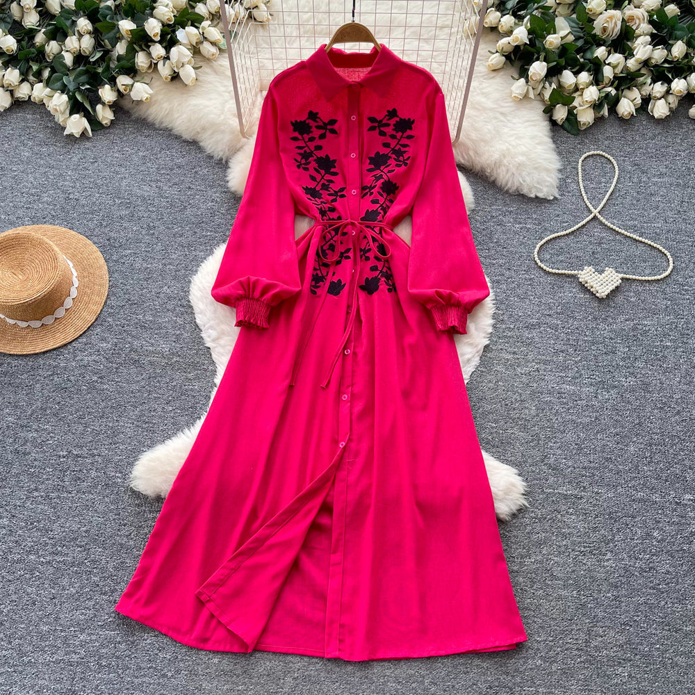 Retroartsyembroider silm type dress women's summerlong sleeves lapel waist a-line skirt slimming lookelegant long skirt