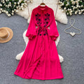 Retroartsyembroider silm type dress women's summerlong sleeves lapel waist a-line skirt slimming lookelegant long skirt