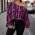 plus size retro print shirt - asymmetrical off-the-shoulder metal buckle cami with maze pattern oversized top