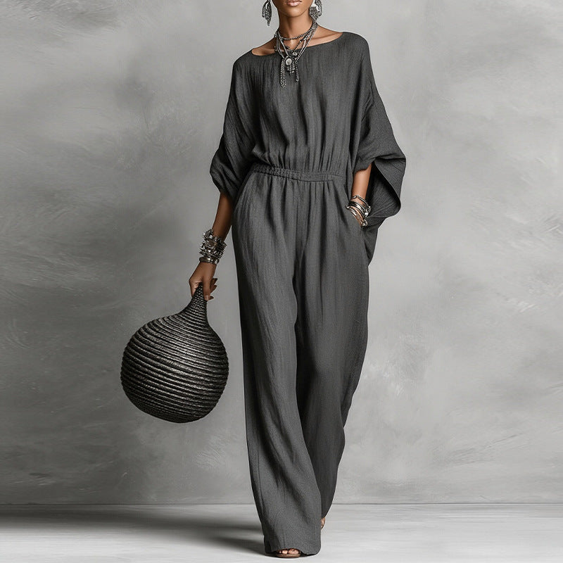 cross-border european & american women's clothing: new retro solid color elegant long sleeve off-shoulder batwing sleeve loose jumpsuit