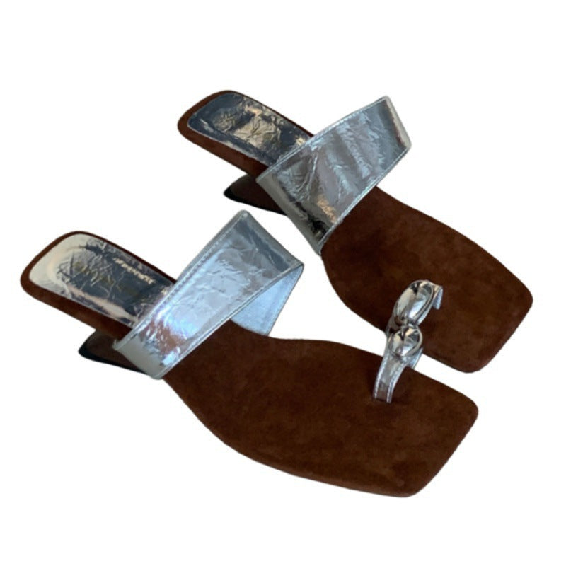 2026 new summer niche square-toe thong sandals with skirt, french wedge heel, slip-on mules, women's outdoor shoes